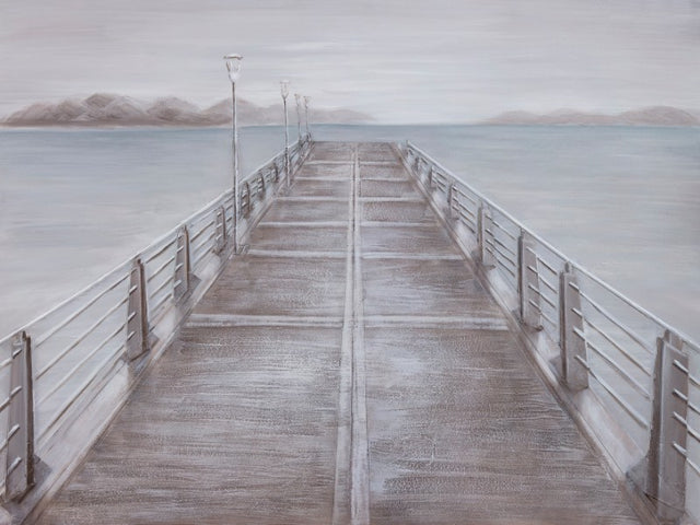 Stunning canvas oil painting titled "Jetty Two," measuring 900 x 1200mm, mounted on a wooden frame.