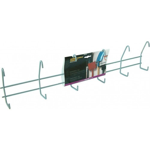Long Handle Hanger 28" with 6 hooks, holds 22kg, perfect for organizing tools and equipment in garages and sheds.