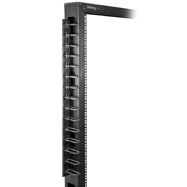 Vertical cable organizer with D-ring hooks for neat server rack cable management, reducing clutter and enhancing airflow.