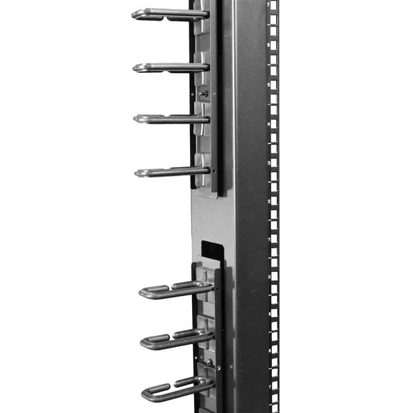 Vertical cable organizer with D-ring hooks for efficient, space-saving cable management in server racks.