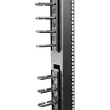 Vertical cable organizer with D-ring hooks for efficient, space-saving cable management in server racks.