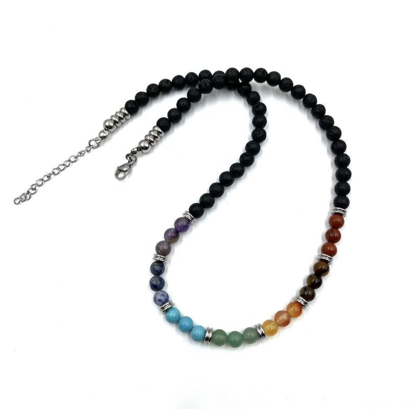 Lava Stone Chakra Necklace featuring 0.6cm beads and vibrant chakra colors for energy balance and style, 45CM long.