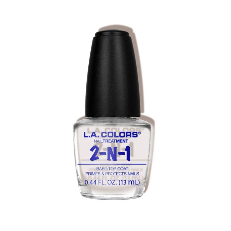 LA Colors 2-n-1 Base/Top Coat bottle featuring a dual-purpose formula for smooth application and a glossy finish.