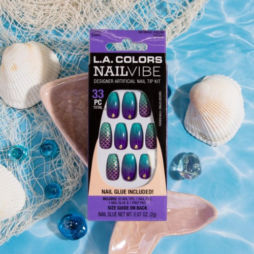 Mermaid-inspired 33-piece artificial nail tip kit for quick, stylish manicures with flexible, chip-proof designs.