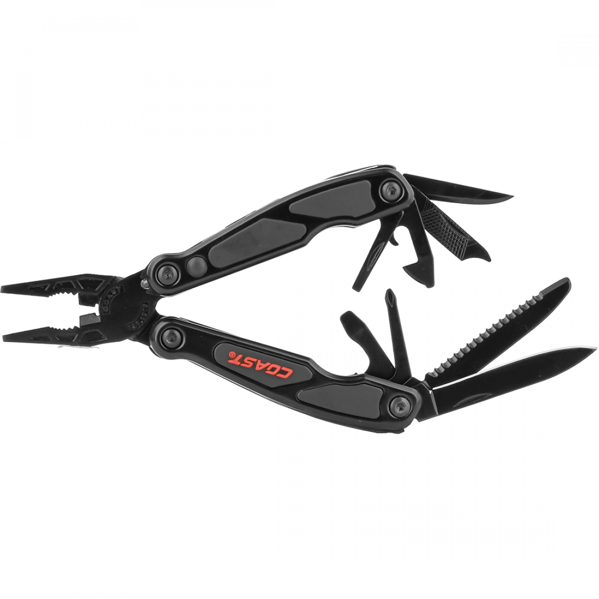 Compact COAST Multi Tool LED135 with 14 essential tools, including pliers, blade, LED light, and screwdriver tips for versatility.