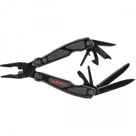 Compact COAST Multi Tool LED135 with 14 essential tools, including pliers, blade, LED light, and screwdriver tips for versatility.