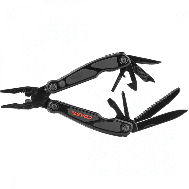 Compact COAST Multi Tool LED135 with 14 essential tools, including pliers, blade, LED light, and screwdriver tips for versatility.