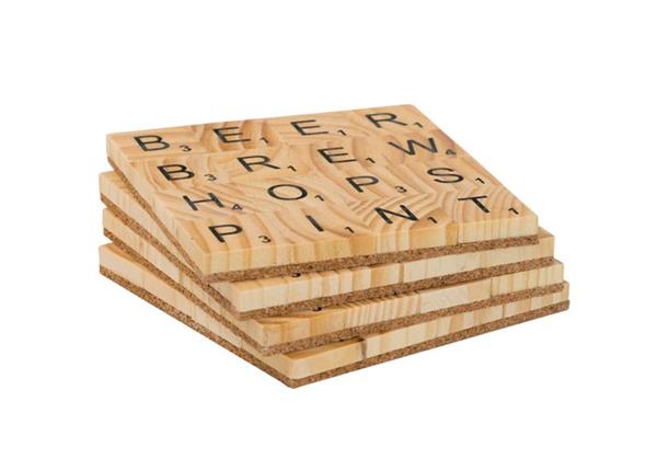 Set of 4 Scrabble Beer Coasters featuring playful tiles reading 'BEER', 'BREW', 'HOPS', 'PINT' for stylish entertaining.