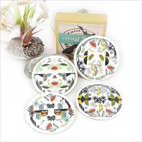 Vibrant folk bird coasters, 100mm, MDF with cork base for non-slip grip, ideal for protecting surfaces and enhancing decor.