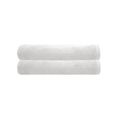 Two luxurious white bath towels from Bambury, made of soft, durable 100% cotton, measuring 68 x 137cm each.