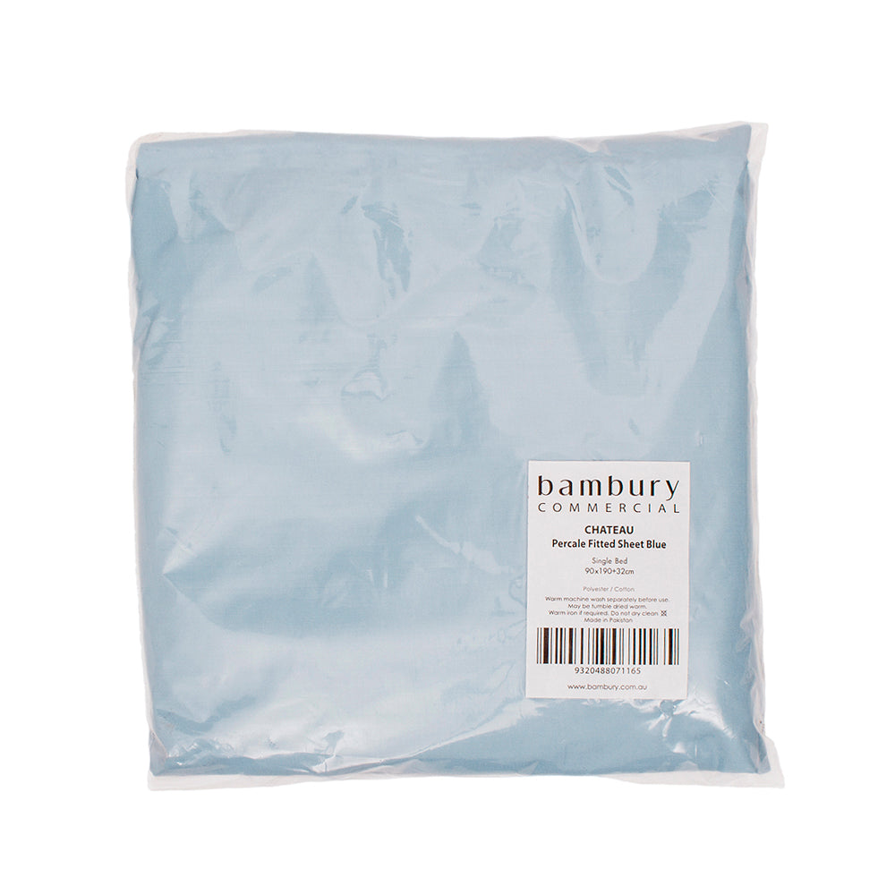 Soft Chateau blue fitted sheet for single beds, crafted from cotton-polyester blend, ensuring comfort and easy care.