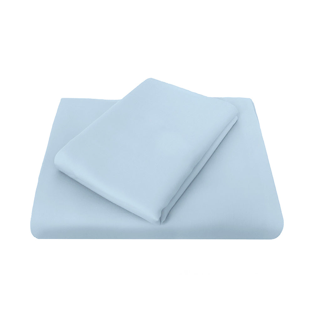 Fitted sheet in Chateau Blue for King Single bed, crafted from a soft cotton-poly blend, featuring elasticized edges for a snug fit.