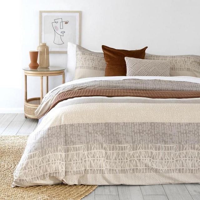 Bambury Darlington Single Duvet Cover in Sand, featuring geometric patterns, cotton blend fabric, and easy-care envelope opening.