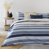 King duvet cover set in Indiana Blue featuring soothing horizontal stripes, crafted from durable cotton/polyester blend.