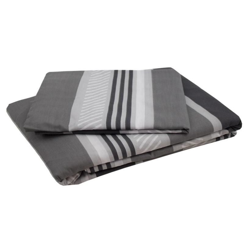 Double duvet cover in grey with horizontal stripes, made of soft polyester-cotton blend, ideal for stylish bedding upgrades.