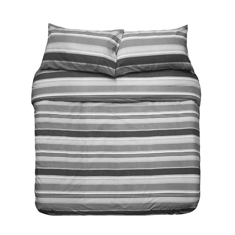 Double duvet cover set in grey with elegant horizontal stripes, including two matching pillowcases for a complete bedroom upgrade.