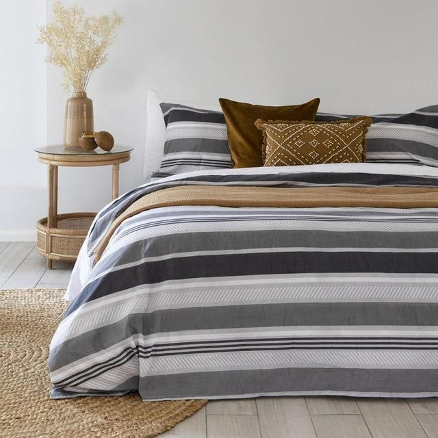 Queen Duvet Cover - Bambury Indiana Quilt Set in Grey featuring modern horizontal stripes, durable cotton/polyester blend, and easy care.