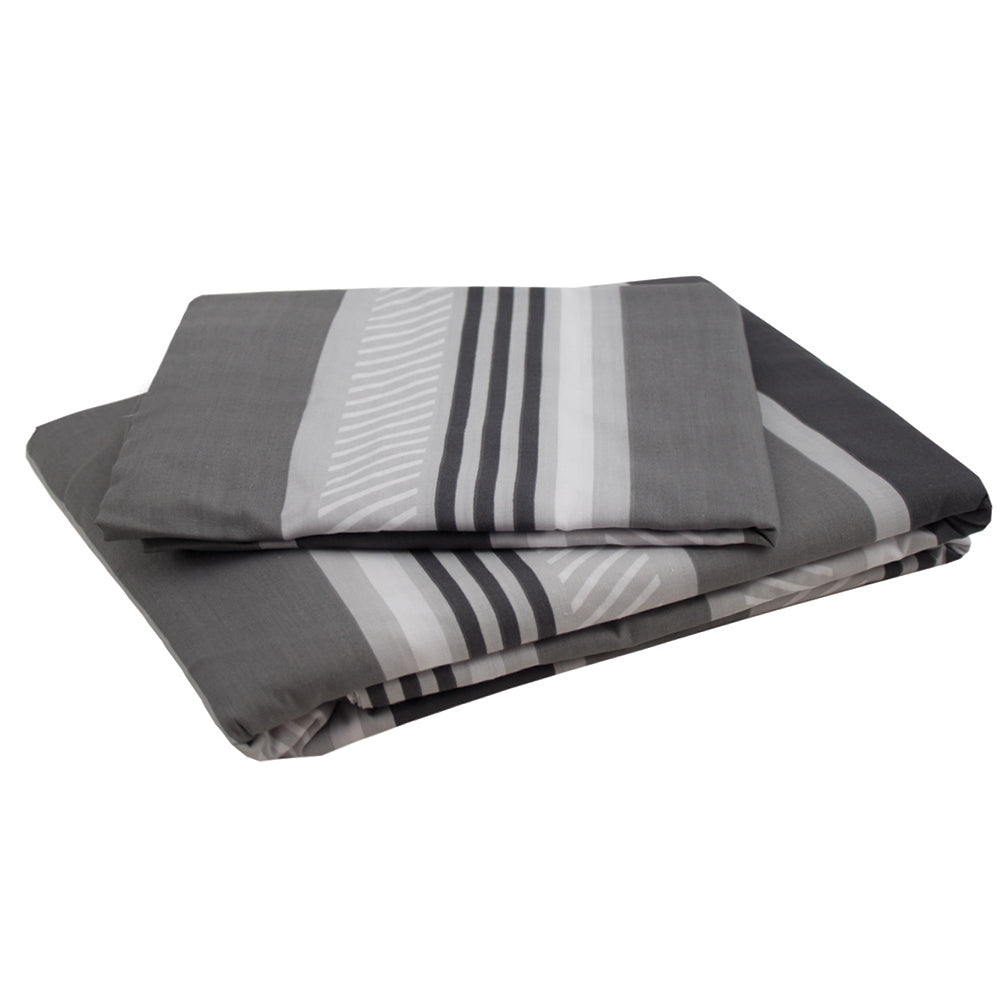 Elegant Indiana Grey quilt cover set showcasing horizontal stripes, ideal for stylish bedding in homes and commercial spaces.