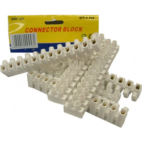 Chocolate block style electrical connector blocks, rated 10AMP, 12 up configuration, pack of 6 for secure wire connections.