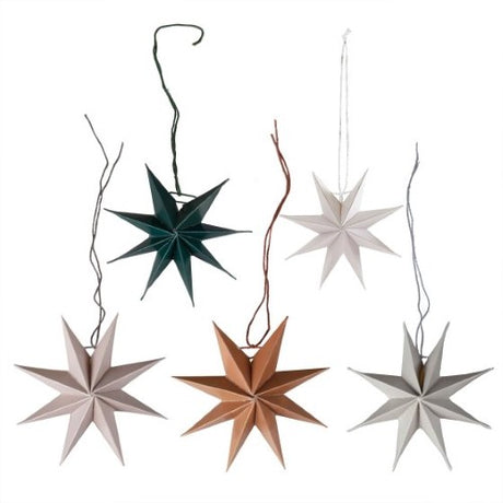 Cosy Copper Paper Star Tree Decorations: Set of 5 eco-friendly, 9cm tall ornaments in mixed colors, perfect for holiday decor.