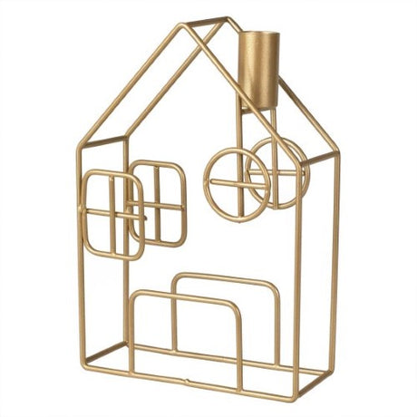 Copper gold metal house candle holder, 20cm H, adds warmth and charm to any decor, perfect for cozy evenings and romantic dinners.