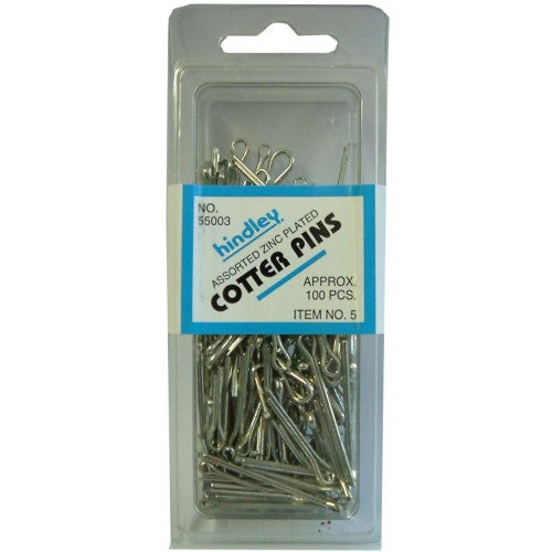 Assorted pack of 100 Hindley No.5 cotter pins, made of high-quality steel with zinc plating for versatile fastening.