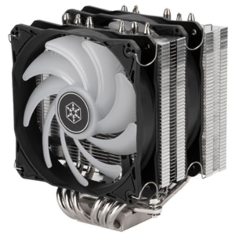 SilverStone Hydrogon 120mm CPU cooler with dual fans, RGB lighting, and high thermal efficiency for Intel and AMD platforms.