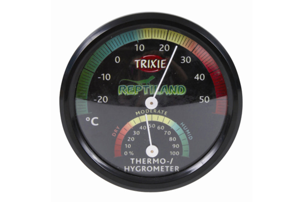 Sleek analogue thermometer and hygrometer for reptiles, measuring -20°C to 50°C and 0% to 100% humidity. Perfect for pet care.