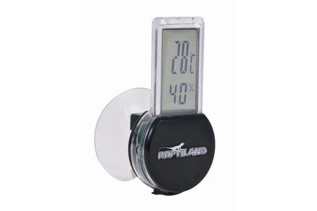 Digital Thermo/Hygrometer for reptiles and turtles, displaying temperature and humidity with a clear LCD and remote sensor.