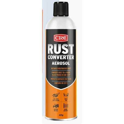 Fast-drying CRC Rust Converter aerosol transforms rust into a tough black primer, ensuring lasting protection for metal surfaces.