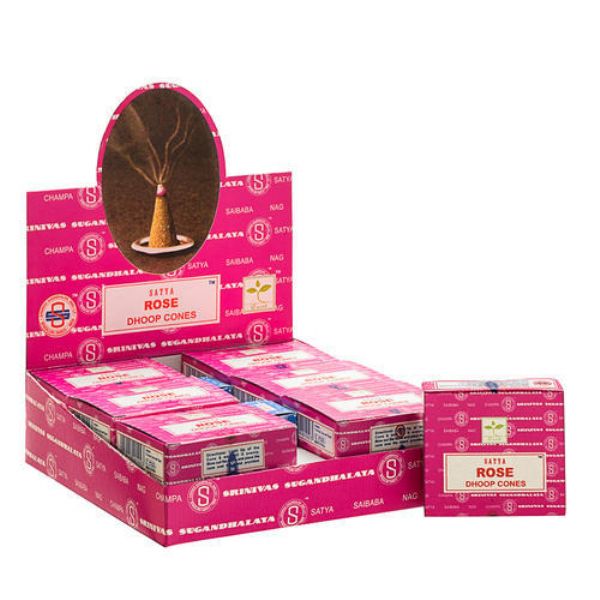 A box of Satya Champa Rose Dhoop Cones containing 12 packets, crafted from natural ingredients for a soothing aromatic experience.