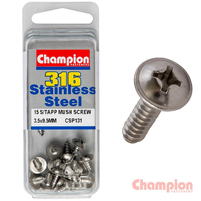 Stainless steel Champion S/Tapping Screws with mushroom head, 3.5 x 9.5mm, perfect for woodworking and metalworking. Pack of 15.