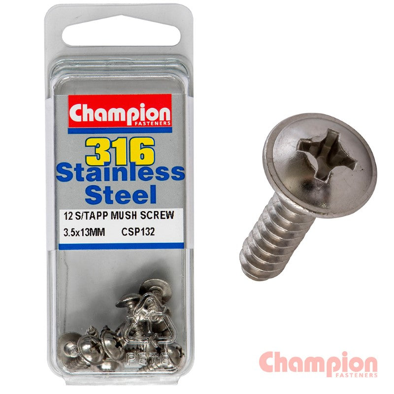 Stainless steel mushroom head tapping screws, 3.5 x 13mm, corrosion-resistant, pack of 12 for reliable fastening.