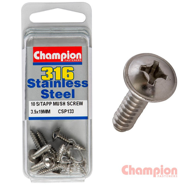 Mushroom head stainless steel tapping screws, 3.5 x 19mm, ideal for marine use, pack of 10, self-tapping for easy installation.