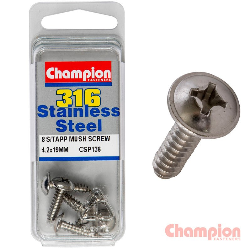 Mushroom head self-tapping screws, 4.2 x 19mm, marine grade stainless steel, 8-pack for durable outdoor fastening projects.