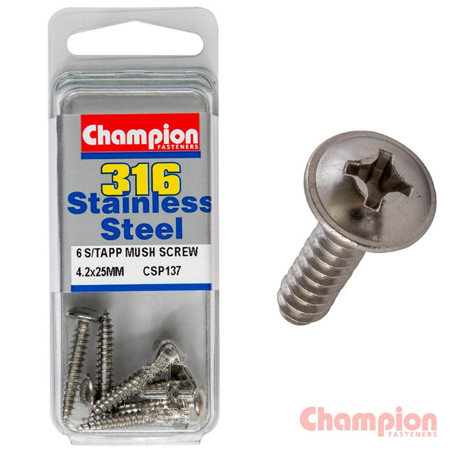Marine Grade 316 stainless steel mushroom head tapping screws, 4.2 x 25mm, durable and corrosion-resistant, pack of 6.