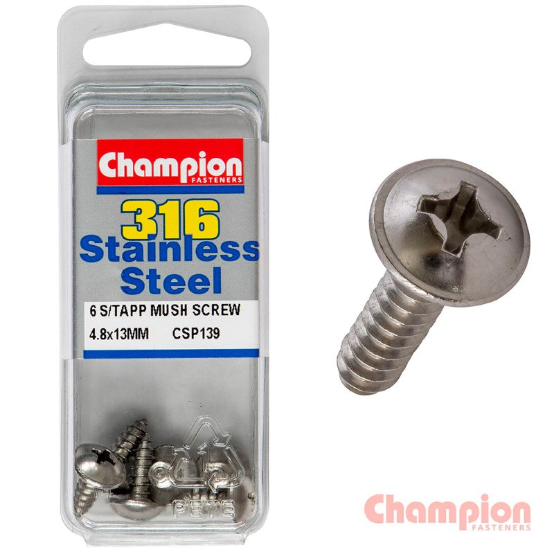Mushroom head tapping screws in marine-grade stainless steel, 4.8 x 13mm, durable and corrosion-resistant, pack of 6.