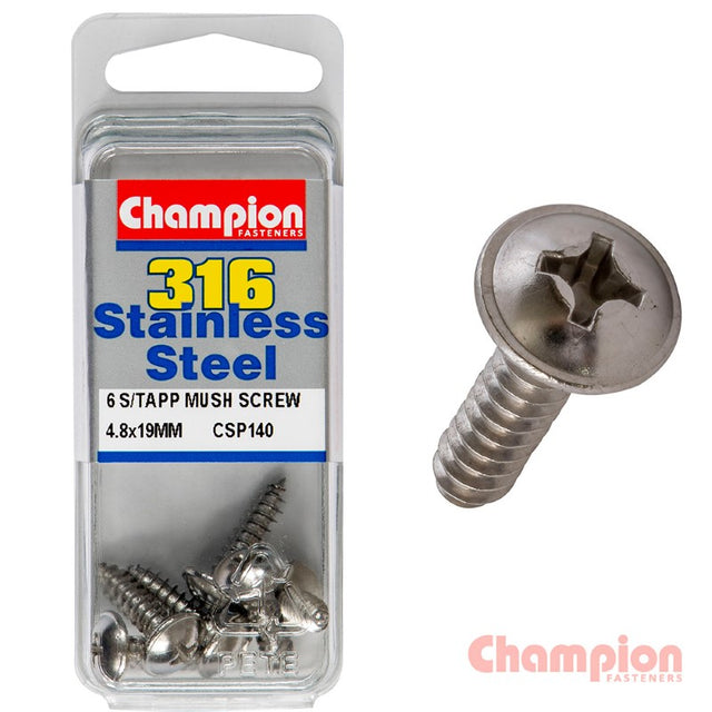 Champion S/Tapping Screws - Mushroom Head, 4.8 x 19mm, stainless steel, self-tapping, corrosion-resistant, pack of 6.