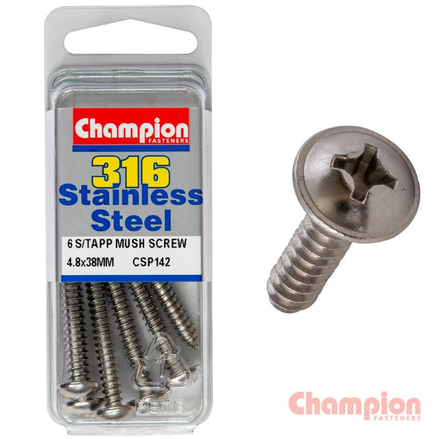 Mushroom head stainless steel tapping screws 4.8 x 38mm, corrosion-resistant, pack of 6 for DIY and construction projects.