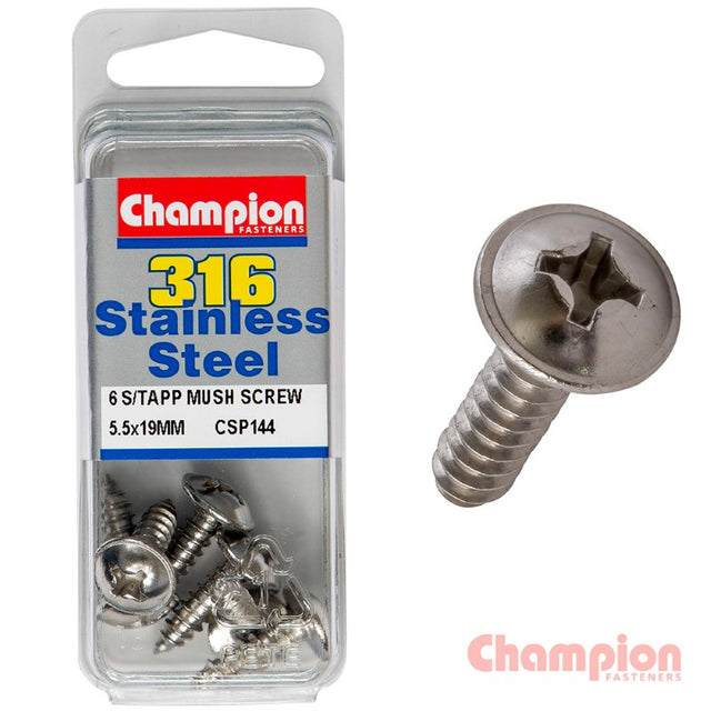 Marine-grade stainless steel mushroom head tapping screws, 5.5mm x 19mm, pack of 6 for durable fastening indoors and outdoors.