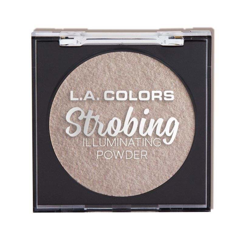 LA Colors Strobing Powder in Morning Light, a versatile baked highlighter for a radiant glow, packaged with a mirror and sponge applicator.