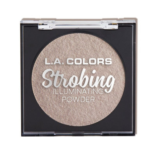 LA Colors Strobing Powder in Morning Light, a versatile baked highlighter for a radiant glow, packaged with a mirror and sponge applicator.