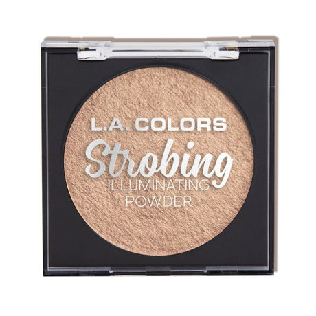 LA Colors Strobing Powder in Gold Halo, a velvety highlighter for a radiant glow, comes in a chic mirrored compact with a sponge.