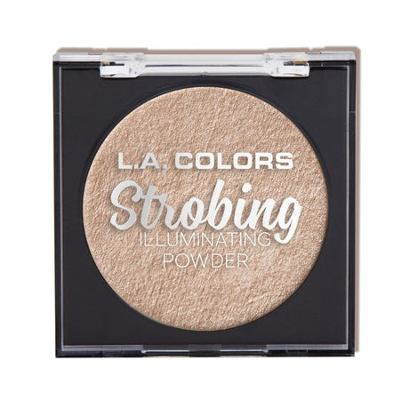 LA Colors Strobing Powder in Champagne: a velvety highlighter for luminous skin, includes a mirrored compact and sponge applicator.