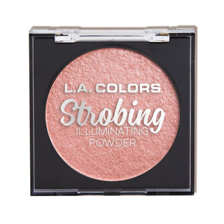 LA Colors Strobing Powder - Sunset Shine, a baked highlighter for radiant, sun-kissed skin, in a chic compact with sponge applicator.