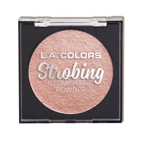 LA Colors Strobing Powder in Brazen Beauty, a baked highlighter for a radiant glow, packaged in a sleek mirrored compact.