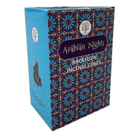 Twelve Sacred Tree Arabian Nights backflow incense cones, featuring exotic spices for a mesmerizing fragrance and smoke effect.