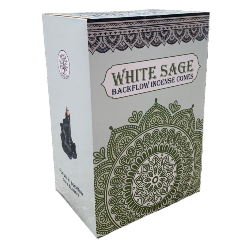 Backflow incense cones with white sage, creating a soothing aroma and mesmerizing smoke effect for meditation and relaxation.