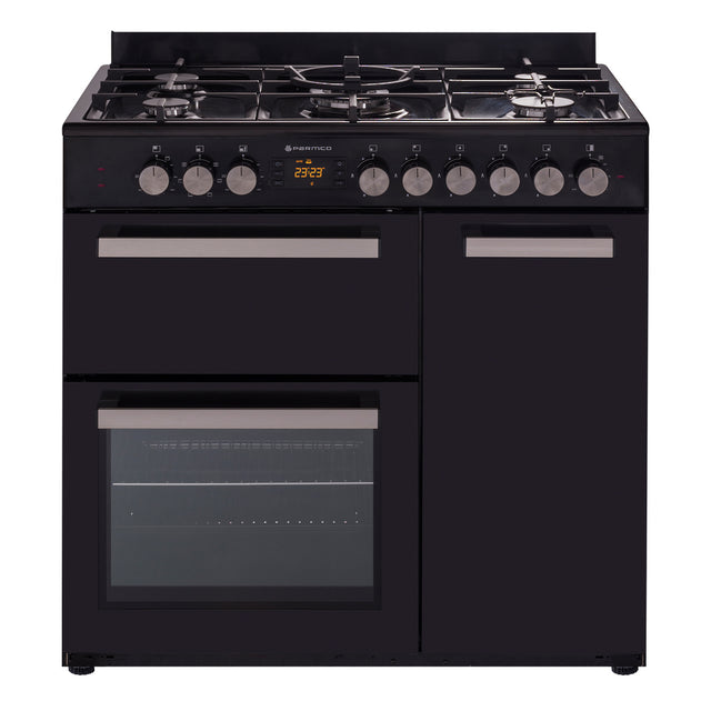 900mm black freestanding gas stove with 1.5 ovens and grill, featuring energy efficiency, electronic timer, and safety controls.