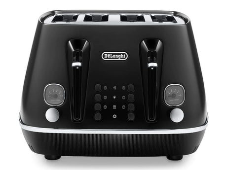 DeLonghi Distinta Moments 4 Slice Toaster in sleek black featuring dual controls, multiple functions, and removable crumb trays.